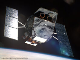 Ein Renderbild eines Satelliten, im Hintergrund ist die Erde zu sehen.