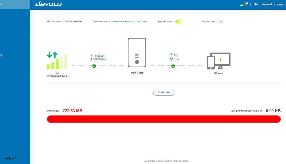 Devolo WiFi6 Router 3600 5G LTE, Signalstärke