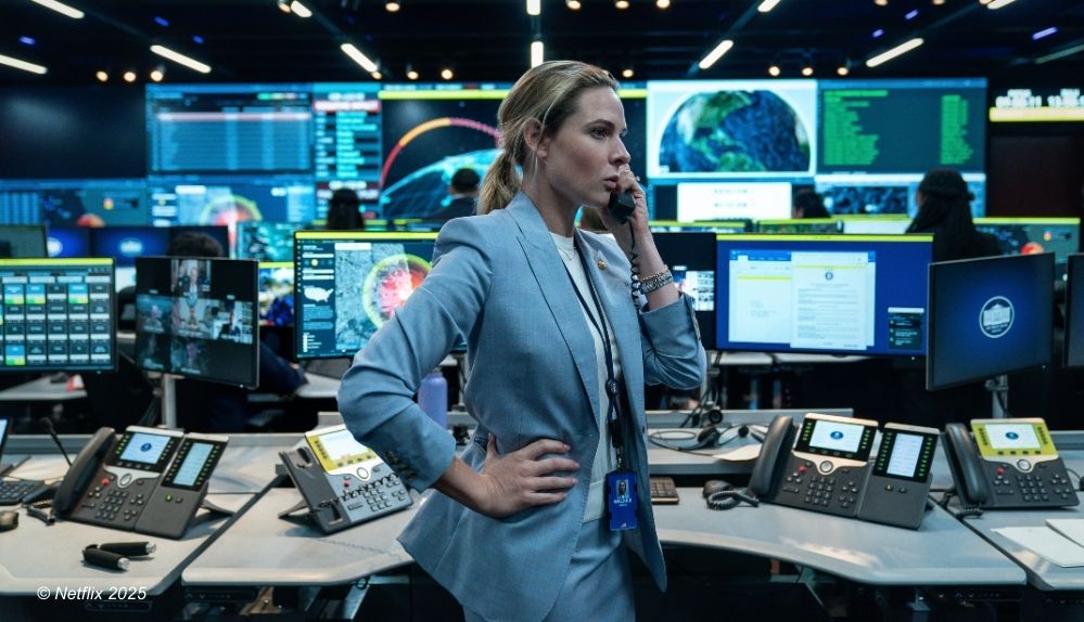Rebecca Ferguson telefoniert vor Bildschirmen in A House of Dynamite